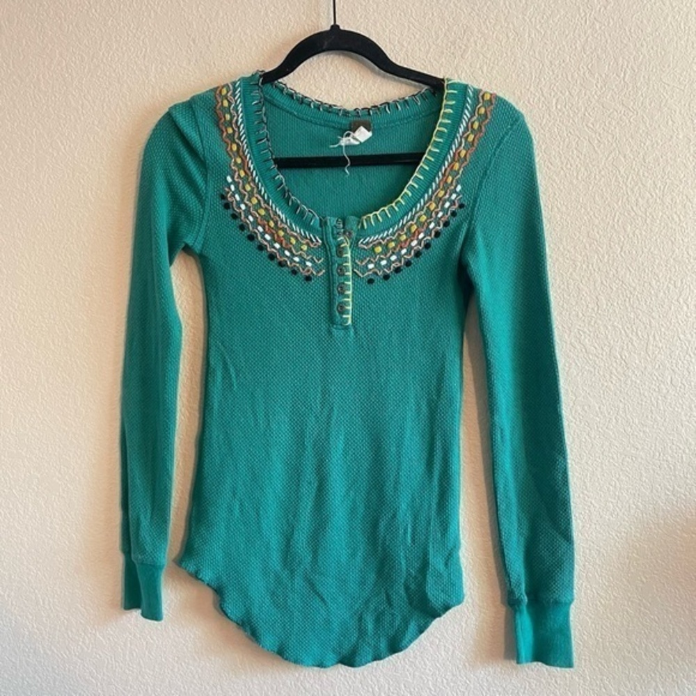 Y2K Free People Teal Embroidered Waffle Knit Teal Boho Long Sleeve Womens Small